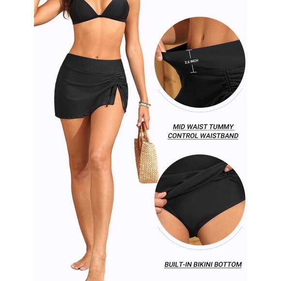 High Waisted Swim Skirt - 2025 Side Slit Drawstring Bathing Suit Skirt for Women - Picture 2 of 5